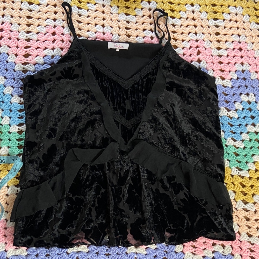 Parker Black Sheer Floral Burnout Velvet Tank Top Ruffle Silk Blend Small Floral - Picture 13 of 13